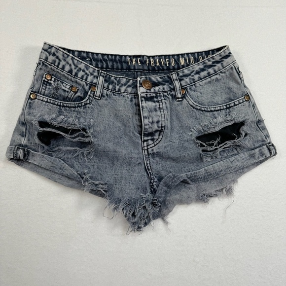 The Frayed Pants - The Frayed Mid Rise Button Fly Jean Shorts Women SZ 4 Distressed Gray Wash Denim